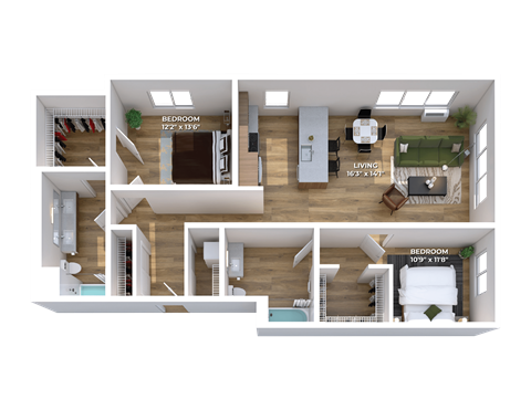Floor plan for 2 beds, 2 baths, 1202 sqft
